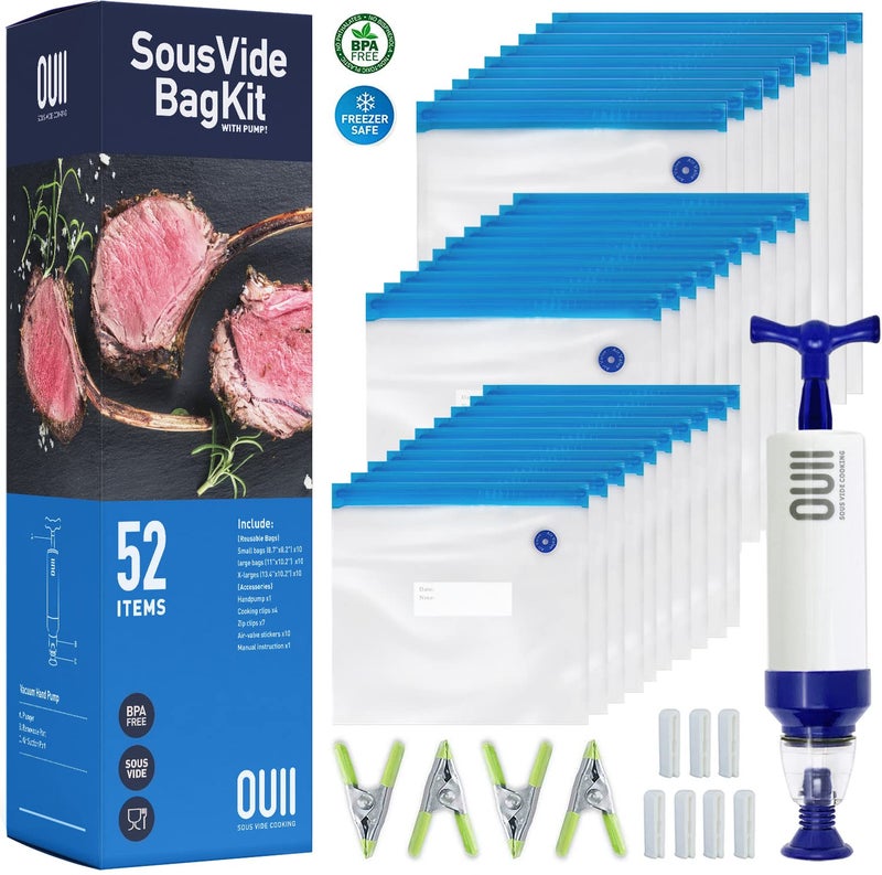 OUII Sous Vide Bags for Joule and Anova Cooker - 52 Pieces Kit with Vacuum Sealer Bags, Hand Pump, Clips - 3 Bag Sizes, Food Storage, Meal Prep - Fits Any Sous Vide Cooking Machine - Image 1
