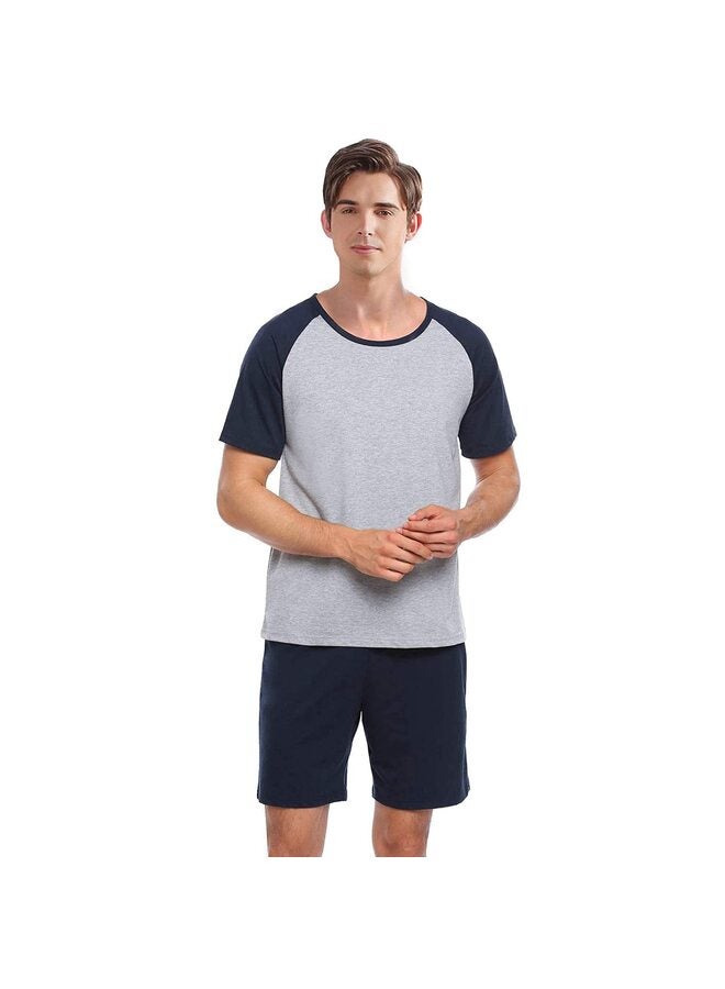Men's Short Sleeve Soft Cotton Raglan Knee Leisure Pyjama Set, Navy Blue, L - Image 1