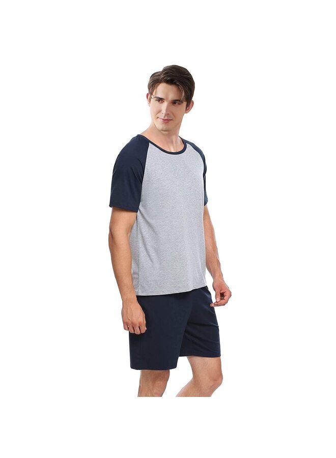 Men's Short Sleeve Soft Cotton Raglan Knee Leisure Pyjama Set, Navy Blue, L - Image 3
