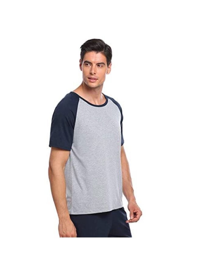 Men's Short Sleeve Soft Cotton Raglan Knee Leisure Pyjama Set, Navy Blue, L - Image 2