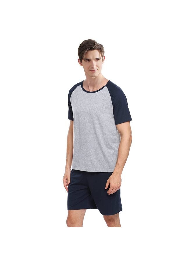 Men's Short Sleeve Soft Cotton Raglan Knee Leisure Pyjama Set, Navy Blue, L - Image 4