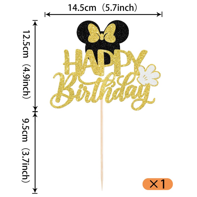 YCTHUNFISH 1 Pack Mouse Happy Birthday Cake Toppers Glitter White Gloves Bow Mouse Inspired Birthday Cake Pick for Baby Shower Kids Birthday Party Cake Decorations Supplies Black Gold - Image 2