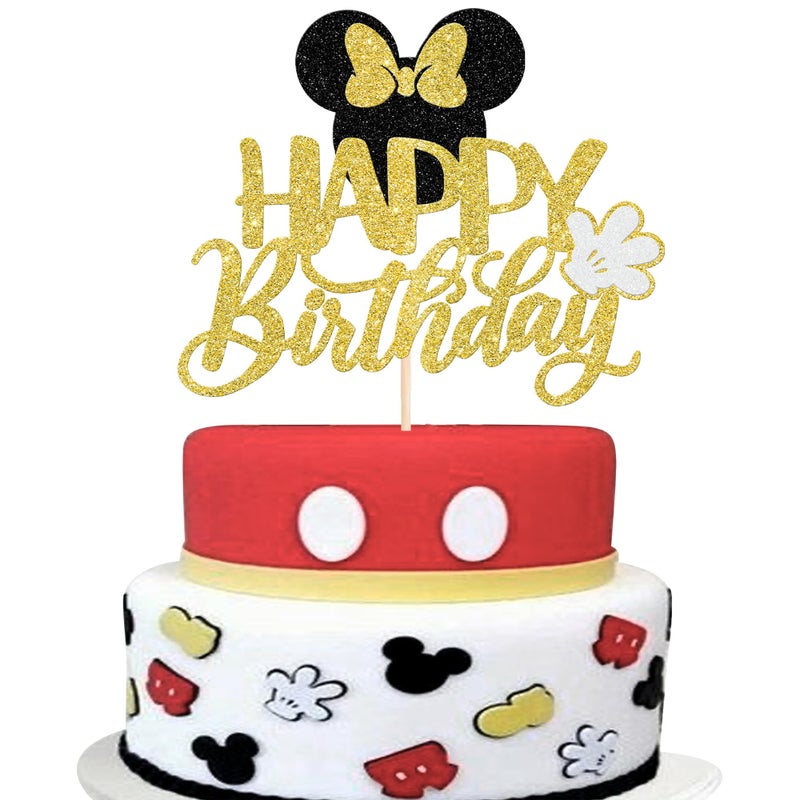 YCTHUNFISH 1 Pack Mouse Happy Birthday Cake Toppers Glitter White Gloves Bow Mouse Inspired Birthday Cake Pick for Baby Shower Kids Birthday Party Cake Decorations Supplies Black Gold - Image 1
