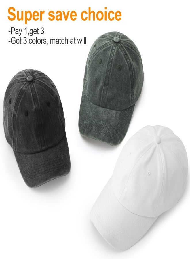 MEINICY 3 Pack Washed Plain Baseball Cap, Retro Adjustable Dad Hats Gift for Men/Women,Unstructured/Cotton(Black + White + Army Green) - Image 2