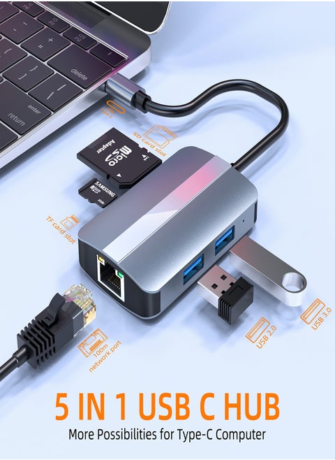 USB C HUB Adapter -5 in 1 Portable USB C Hub Multi -terminal Adapter with HDMI 4K60Hz, USB3.0, USB2.0, SD Card, TF Card Reader for Mac and Windows (Silver White)