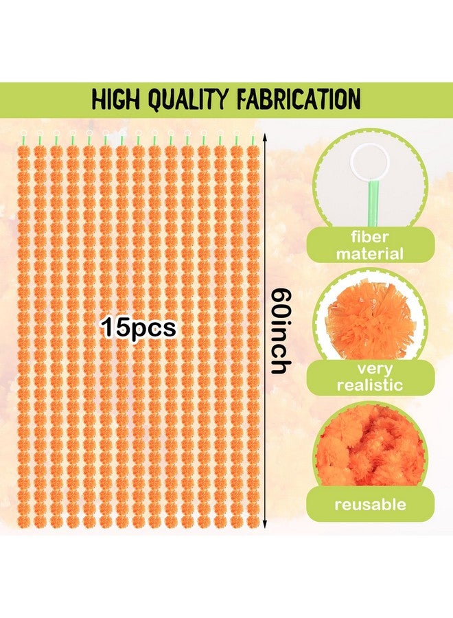 Giegxin 15 Pack Marigold Garland for Decoration 5 ft Long Strands Faux Artificial Marigold Flowers Diwali Indian Wedding Party Mantle Decor for Día de Muertos Pooja Easter(Orange Red) - Image 2