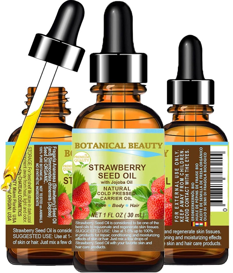 Botanical Beauty STRAWBERRY SEED OIL 100% Pure Natural Moisturizer. Cold Pressed Carrier oil. 1 Fl.oz.- 30 ml. For Face, Skin, Hair, Lip, Nails. Rich in Omega-3, Vitamin C, Vitamin E