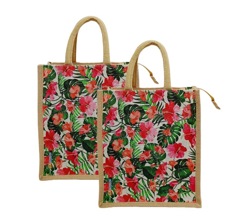 Sangra Multicolor Jute bag for Women and Men Lunch Bag with Zip and Handle (Small) (Pack of Two) (Hibiscus) - Image 1
