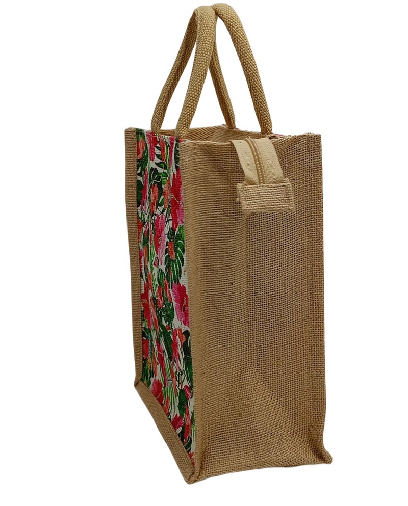 Sangra Multicolor Jute bag for Women and Men Lunch Bag with Zip and Handle (Small) (Pack of Two) (Hibiscus) - Image 4