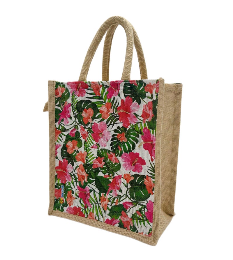 Sangra Multicolor Jute bag for Women and Men Lunch Bag with Zip and Handle (Small) (Pack of Two) (Hibiscus) - Image 3