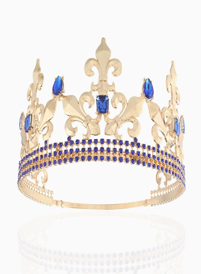 Royal King Crown Men Metal Prince Crowns Tiaras Full Round For Party Halloween Costume Birthday Prom Accessories (Gold With Blue Stone)