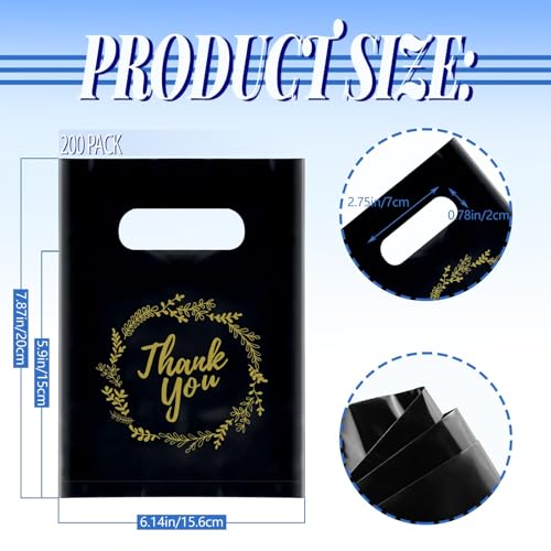 BadenBach 200 Pack Small Thank You Bags, 8" x 6", Black Plastic Shopping Bag Bulk Cute Retail Thank You Gift Bags Goodie Bag for Small Business Boutique Wedding Birthday Baby Shower Festival - Image 2
