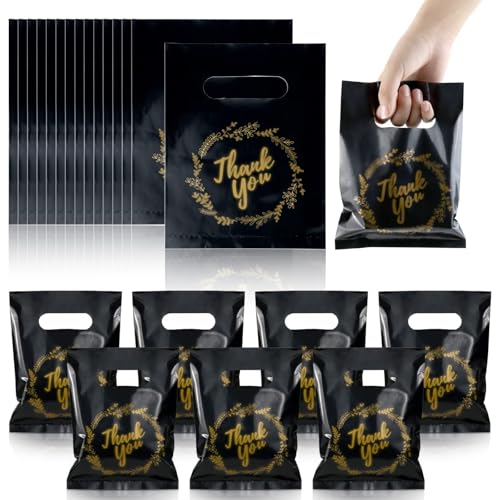 BadenBach 200 Pack Small Thank You Bags, 8" x 6", Black Plastic Shopping Bag Bulk Cute Retail Thank You Gift Bags Goodie Bag for Small Business Boutique Wedding Birthday Baby Shower Festival - Image 1