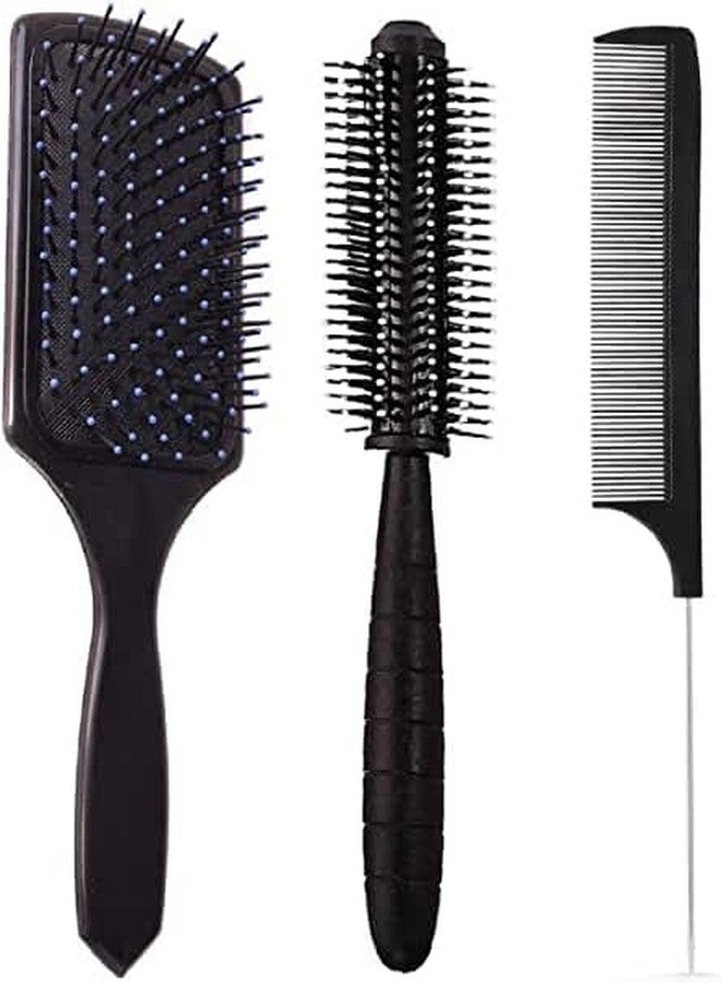 VEDETIC® Premium Collection Combo of 3 Hair Brushes, Great for All Hair Types & Styles, Paddle, Round, Dressing Comb With Sectioning Tail Comb (Steel Handle) For Women, Men - Image 1