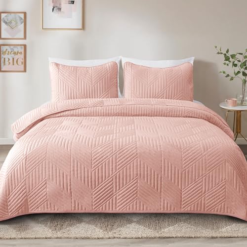 Exclusivo Mezcla Ultrasonic Full Queen Quilt Bedding Set Lightweight Blush Pink Bedspreads Soft Modern Geometric Coverlet Set for All Seasons 1 Quilt and 2 Pillow Shams - Image 3