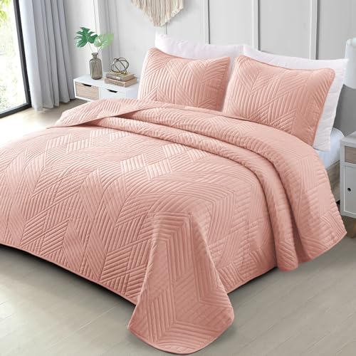 Exclusivo Mezcla Ultrasonic Full Queen Quilt Bedding Set Lightweight Blush Pink Bedspreads Soft Modern Geometric Coverlet Set for All Seasons 1 Quilt and 2 Pillow Shams - Image 1