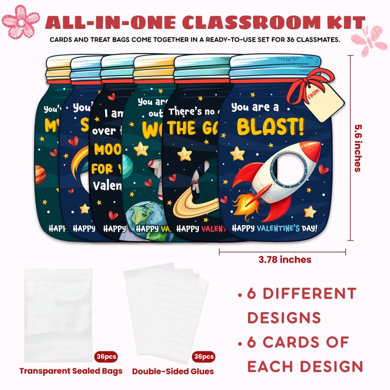 MAPDTWO 36 Packs Space Valentines Day Cards - Kids Valentines Cards for School Classroom Party Favors - Space Astronaut for Kids, 3.7''x 5.6'' Mason Jar Greeting Card Exchange (Candy Not Included) - Image 2