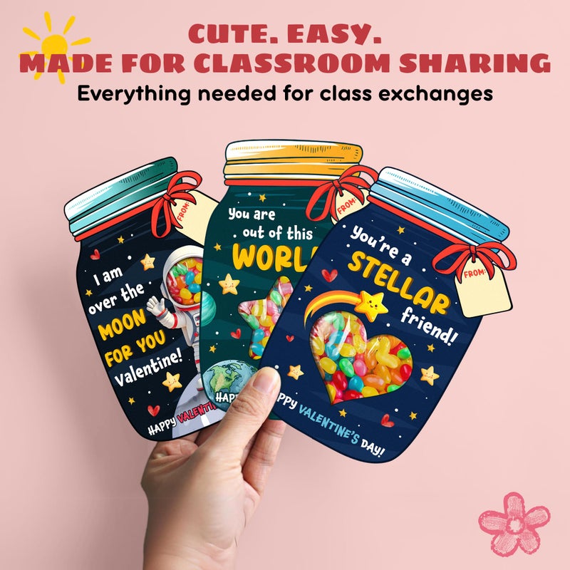 MAPDTWO 36 Packs Space Valentines Day Cards - Kids Valentines Cards for School Classroom Party Favors - Space Astronaut for Kids, 3.7''x 5.6'' Mason Jar Greeting Card Exchange (Candy Not Included) - Image 4