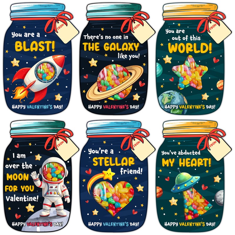 MAPDTWO 36 Packs Space Valentines Day Cards - Kids Valentines Cards for School Classroom Party Favors - Space Astronaut for Kids, 3.7''x 5.6'' Mason Jar Greeting Card Exchange (Candy Not Included) - Image 1