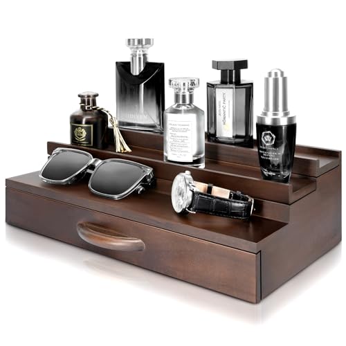 EOSAHR Farmhouse Wooden Cologne Organizer for Men - 3 Tier Perfume Stand Organizer for Dresser with Storage Drawer and Hidden Compartment - Great Gift for Men (Retro Brown) - Image 1