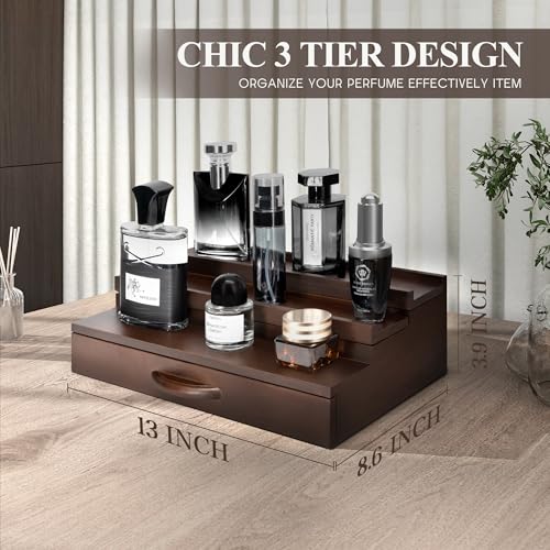 EOSAHR Farmhouse Wooden Cologne Organizer for Men - 3 Tier Perfume Stand Organizer for Dresser with Storage Drawer and Hidden Compartment - Great Gift for Men (Retro Brown) - Image 4