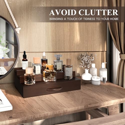 EOSAHR Farmhouse Wooden Cologne Organizer for Men - 3 Tier Perfume Stand Organizer for Dresser with Storage Drawer and Hidden Compartment - Great Gift for Men (Retro Brown) - Image 2