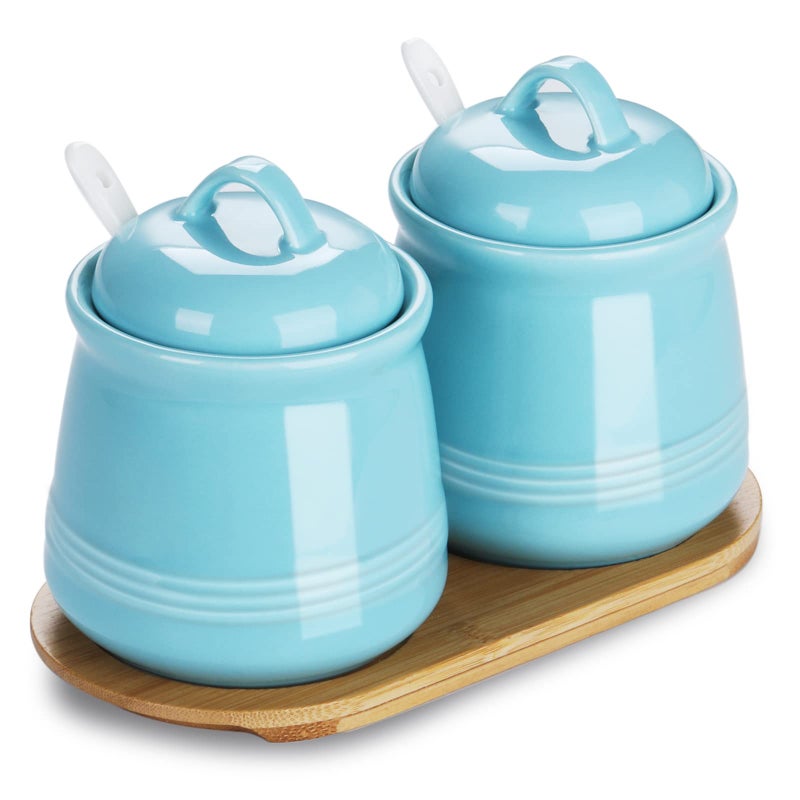 HAOTOP Ceramic Sugar Bowl 2 Pack PorcelainJar with Tray Spoon and Lid for Sugar Pepper Coffee Spice Salt 12 Ounces Blue