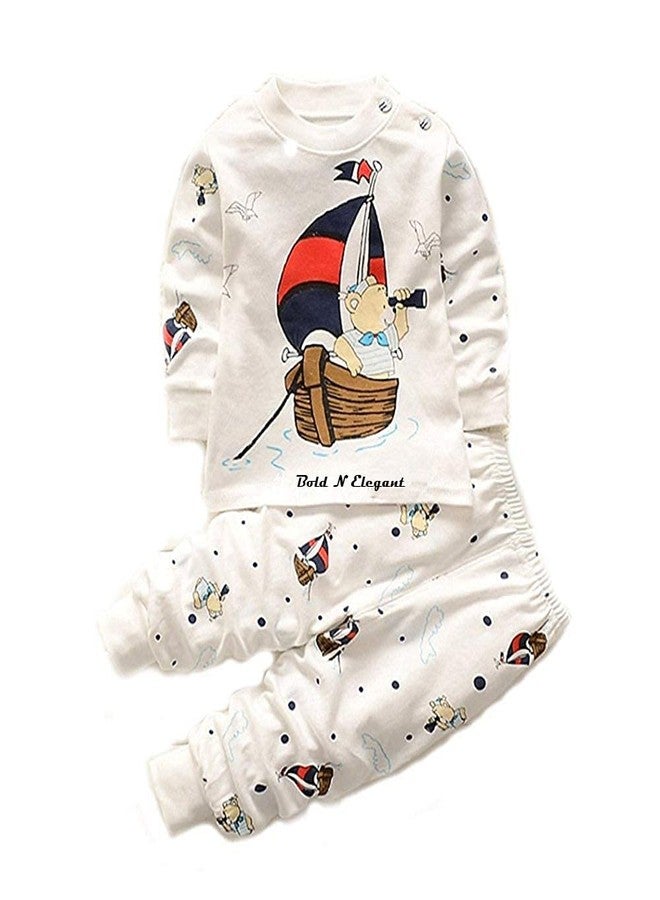 Bold N Elegant - Be Bold Inside & Elegant Outside Baby Boy's Cotton Bear Cartoon Printed High-waist Stripe Pyjama T-shirt Pant Set (White, 18-24 Months) - Image 1
