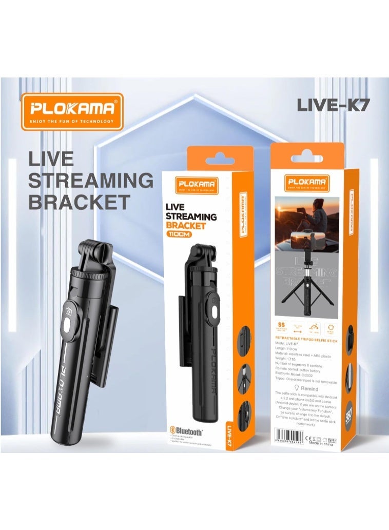 PLOKAMA حامل سيلفي ثلاثي القوائم Live k7، حامل هاتف قابل للتمديد 110 سم مع زر تحكم عن بُعد وقاعدة للهاتف المحمول، عصا سيلفي قابلة للسحب والطي للاستخدام اليدوي للسفر والتدوين المباشر والبث الحي للفيديو والصور - Image 1