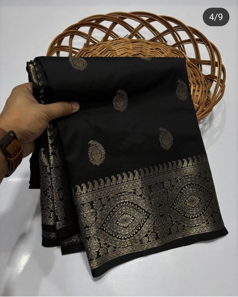 HAIDER ALI AND SONS Pure Banarasi Soft Katan Silk Saree for Women | Traditional Saree Banarsi Design with Blouse Piece for Women & Girls | Jacquard saree 6.50 Meters_12 (BLACK) - Image 3
