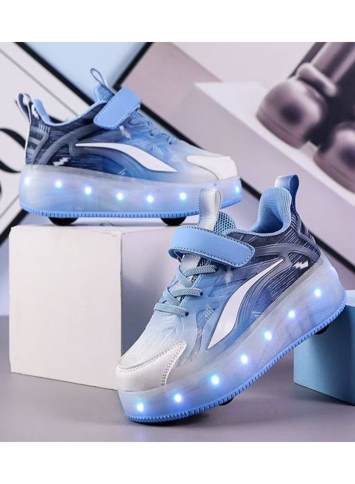 LITTLE ROCKZ Kids Four Wheel Roller Shoes Rechargeable LED Flash Light Sneaker Skate Heelys Shoes Blue - Image 2