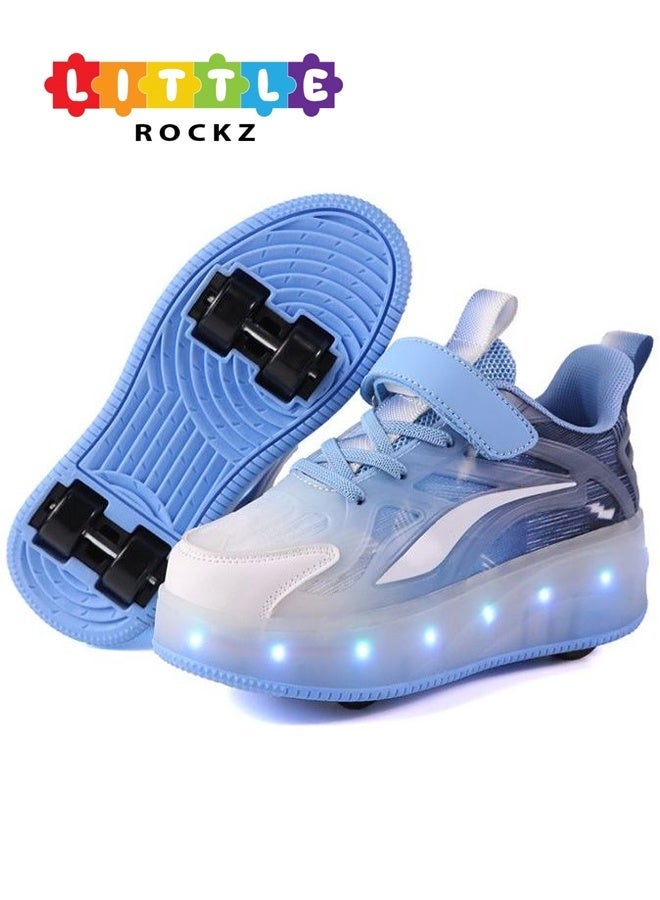 LITTLE ROCKZ Kids Four Wheel Roller Shoes Rechargeable LED Flash Light Sneaker Skate Heelys Shoes Blue - Image 1