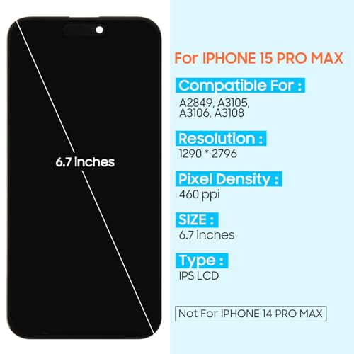 ARSSLY شاشة TFT LCD لاستبدال شاشة iPhone 15 Pro Max لشاشة iPhone 15 Pro Max LCD 3D Touch A2849 A3105 A3106 A3108 مجموعة زجاج اللمس مع الأدوات (أسود) - Image 3