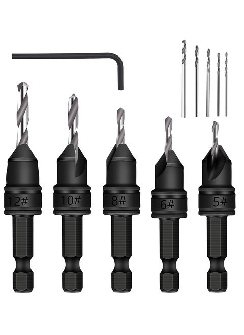 82°Countersink Drill Bit 5 Piece Free Replaceable Hss Drill Bits For Wood 3/8" Quick-Change Chamfered Adjustable Drilling Tool Kit On Pilot Counter Sink Holes For Woodworking