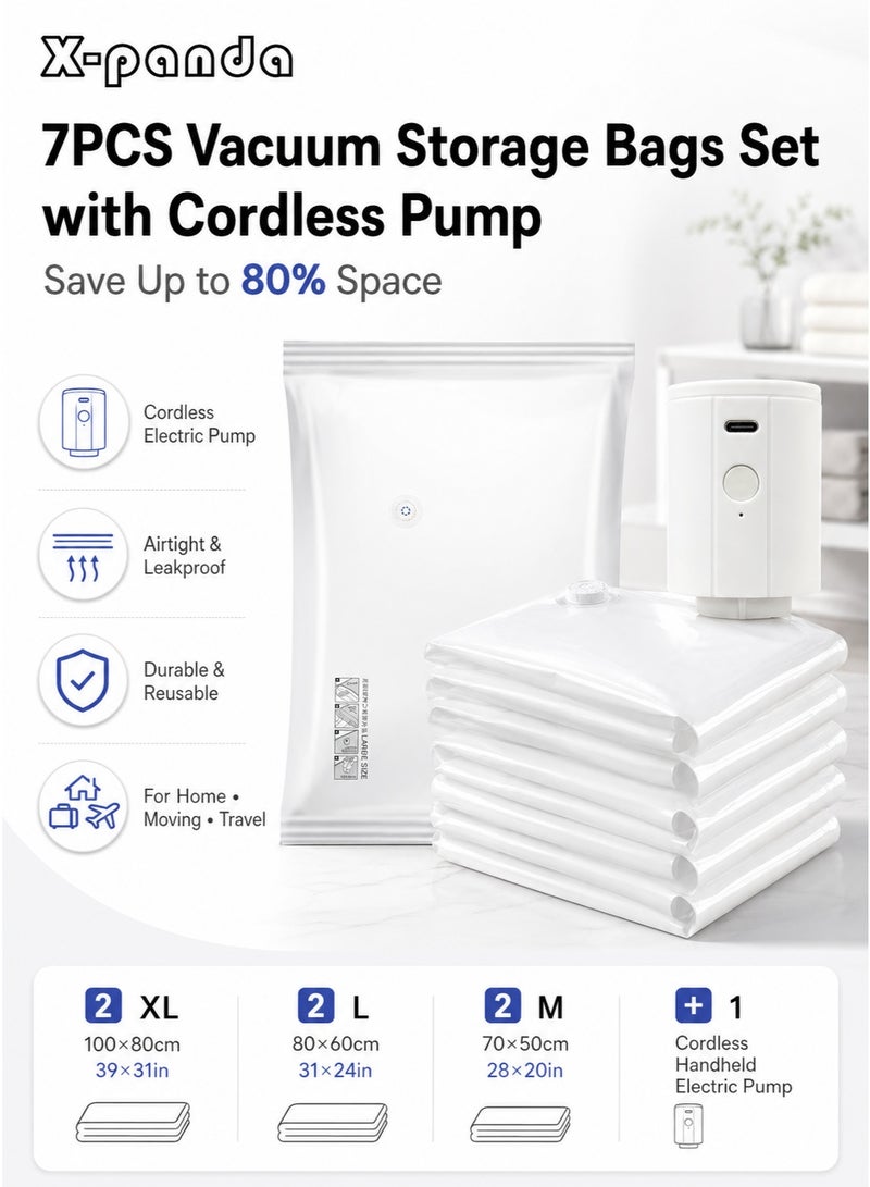 X-Panda Vacuum Storage Bags Set with Cordless Electric Pump, 7-Pack Reusable Space Saver Bags(2 Extra Large 100×80cm/39×31 in, 2 Large 80×60cm/31×24 in , 2 Medium 70×50cm/28×20 in) - Image 1