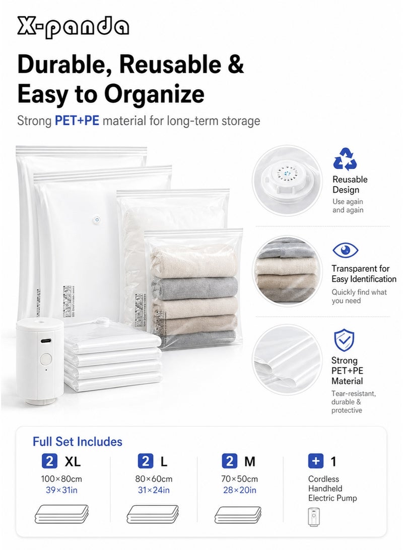 X-Panda Vacuum Storage Bags Set with Cordless Electric Pump, 7-Pack Reusable Space Saver Bags(2 Extra Large 100×80cm/39×31 in, 2 Large 80×60cm/31×24 in , 2 Medium 70×50cm/28×20 in) - Image 2