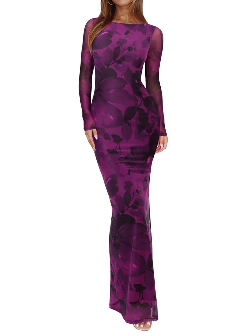 REORIA Women's Spring Mesh Sheer Long Sleeve Wedding Guest Dress Sexy Floral Bodycon Maxi Long Dresses Purple Nebula Blossom Small - Image 1