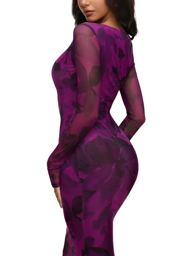 REORIA Women's Spring Mesh Sheer Long Sleeve Wedding Guest Dress Sexy Floral Bodycon Maxi Long Dresses Purple Nebula Blossom Small - Image 2