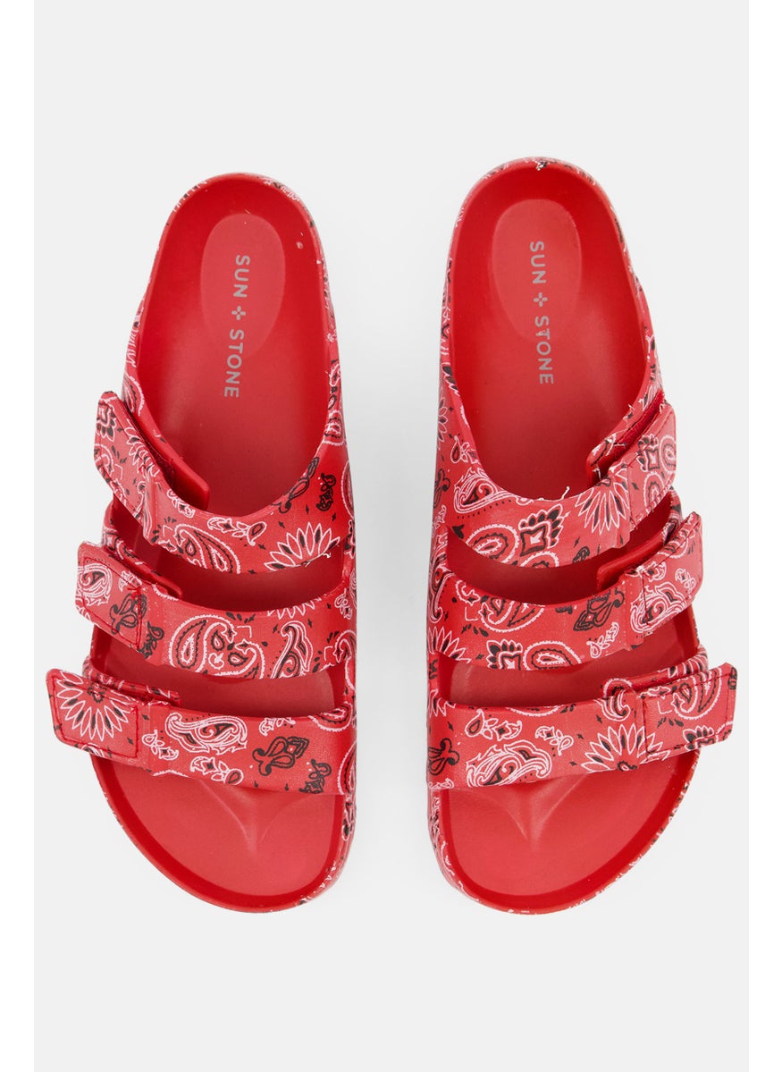 Sun Stone Men Velcro Paisley Print Slippers, Red  - Image 4