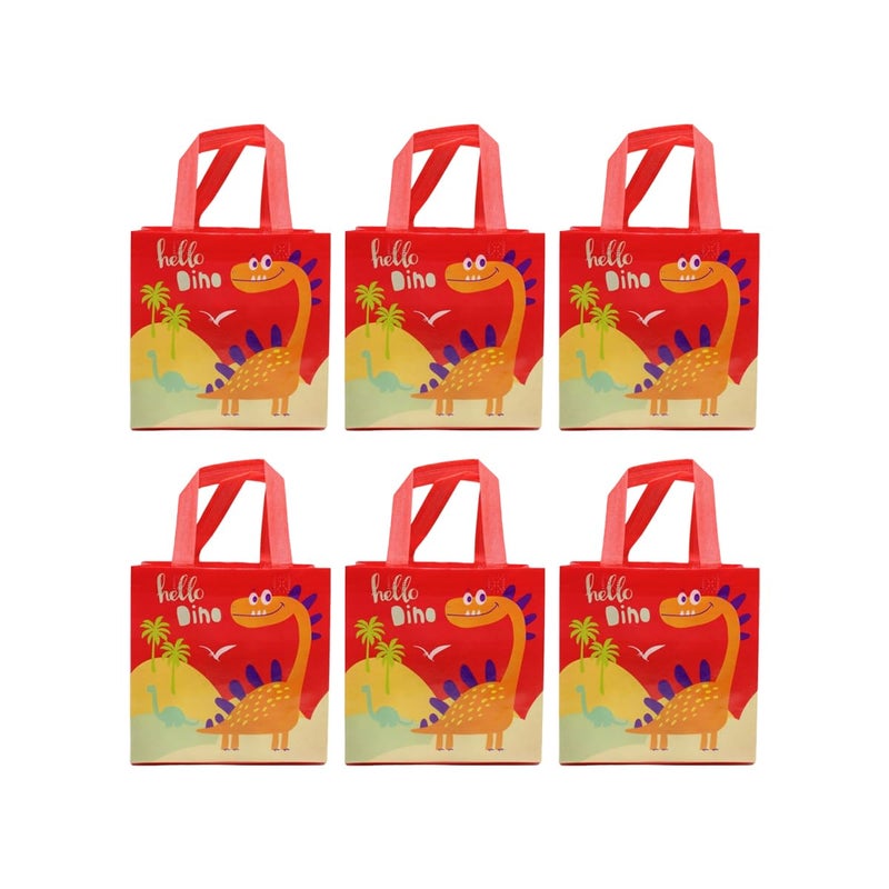 Wonderland SET of 6 Dinosaur Red Color Print Non Woven Bag for Children birthday return gift bag, boy, girl gifting bag - Image 1
