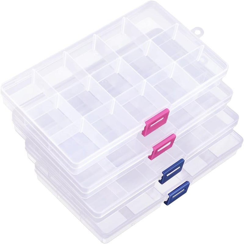 IOOLEEM 15 Grids Plastic Bead Organizer Box, Clear Organizer Container Storage Box, Dividers for bead arts and crafts.(4 Pack) - Image 1
