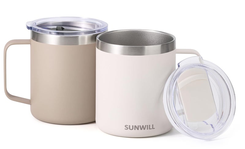 SUNWILL Travel Coffee Mug Set of 2, Insulated Tumbler with Lid, 14oz Stainless Steel Cup with Handle for Camping, Office, Home, Powder Coated Cream & Taupe - Image 2