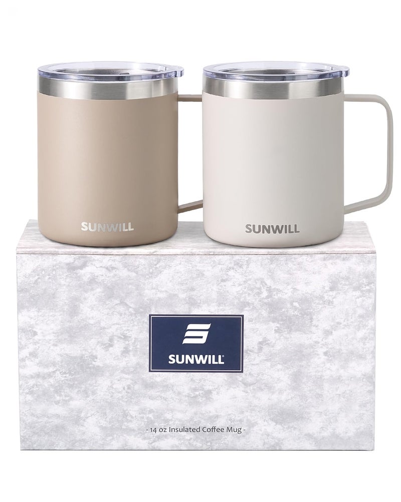 SUNWILL Travel Coffee Mug Set of 2, Insulated Tumbler with Lid, 14oz Stainless Steel Cup with Handle for Camping, Office, Home, Powder Coated Cream & Taupe - Image 1
