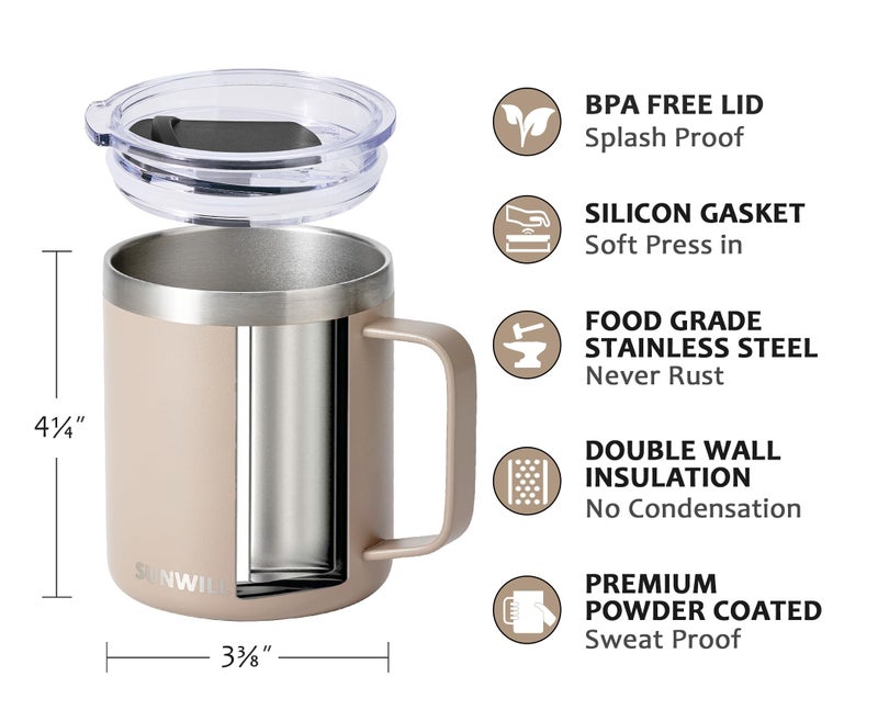 SUNWILL Travel Coffee Mug Set of 2, Insulated Tumbler with Lid, 14oz Stainless Steel Cup with Handle for Camping, Office, Home, Powder Coated Cream & Taupe - Image 3