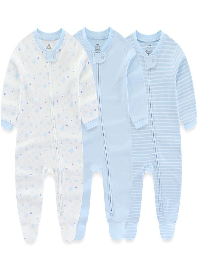 MAMIMAKA Newborn Baby Boy Girls Clothes 2-Way Zip Footed Cotton Bodysuit 3-Pack Long Sleeve Outfits 0-12Months - Image 1