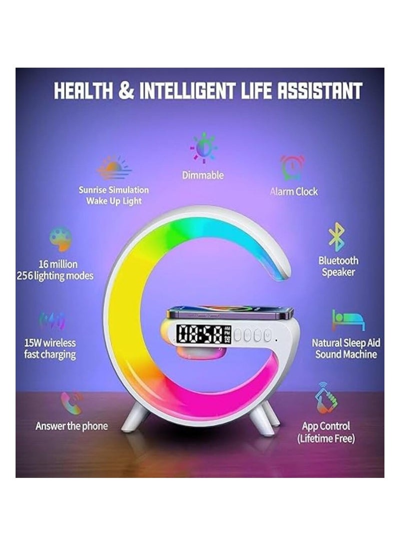 مصباح بجانب السرير للشحن اللاسلكي من G Design مع مكبر صوت بلوتوث ومنبه وساعة وإضاءة ليلية ومكبر صوت شاحن لاسلكي بقدرة 15 وات BT وAUX وTF يدعم الإضاءة المحيطة RGB (G63) - Image 2