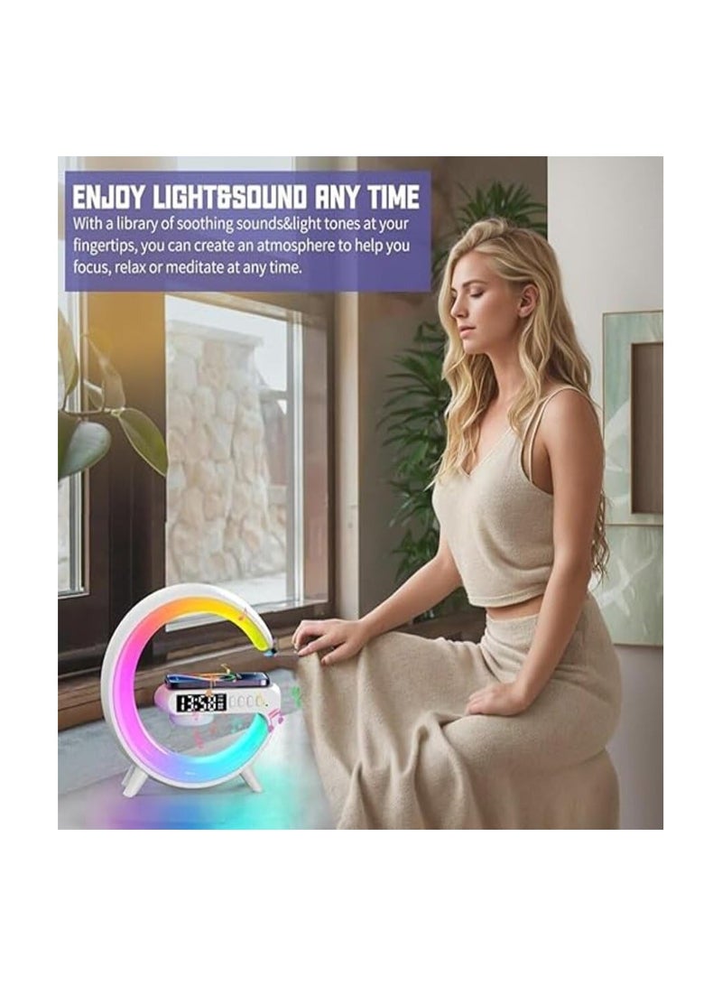 مصباح بجانب السرير للشحن اللاسلكي من G Design مع مكبر صوت بلوتوث ومنبه وساعة وإضاءة ليلية ومكبر صوت شاحن لاسلكي بقدرة 15 وات BT وAUX وTF يدعم الإضاءة المحيطة RGB (G63) - Image 4