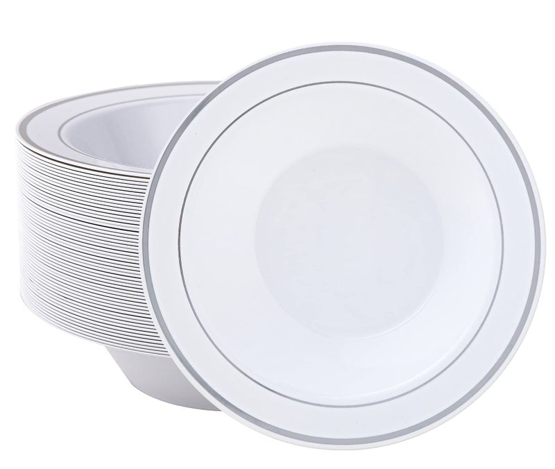 JOLLY PARTY 50 Plastic Bowls with Silver Rim12oz Disposable Soup Bowls Christmas Thanksgiving Premium Heavy Duty Plastic Dessert Bowls for WeddingParty Silver