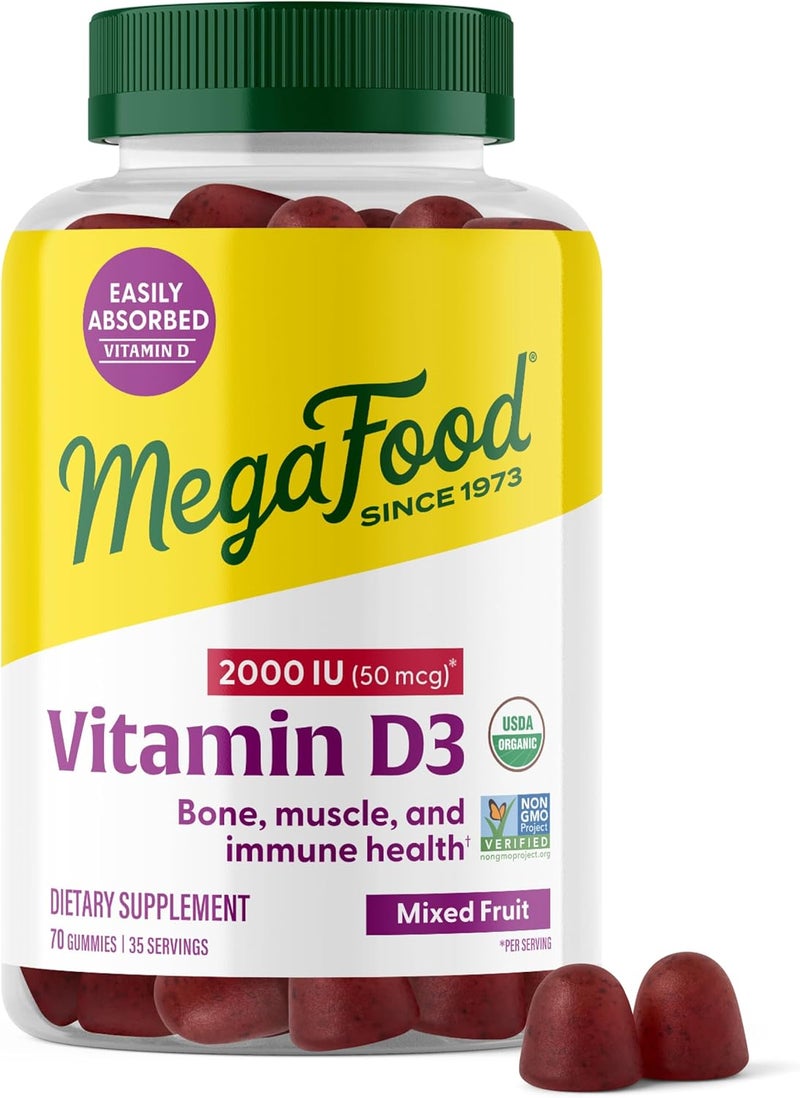 MegaFood Vitamin D3 2000 IU (50 mcg) Gummies - Bone, Muscle & Immune Support - USDA Organic, Non-GMO, Mixed Fruit, 70 Gummies - Image 1