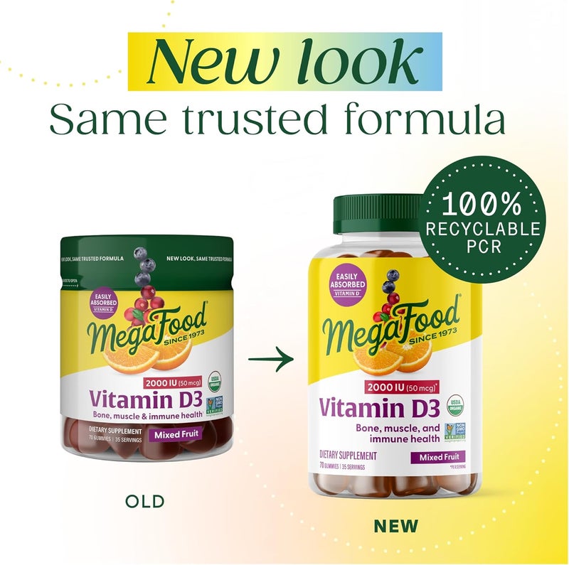 MegaFood Vitamin D3 2000 IU (50 mcg) Gummies - Bone, Muscle & Immune Support - USDA Organic, Non-GMO, Mixed Fruit, 70 Gummies - Image 2